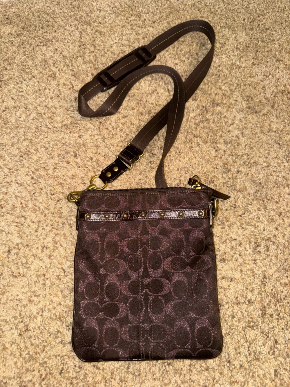 Coach Brown Signature Jacquard Crossbody with Metallic Sheen